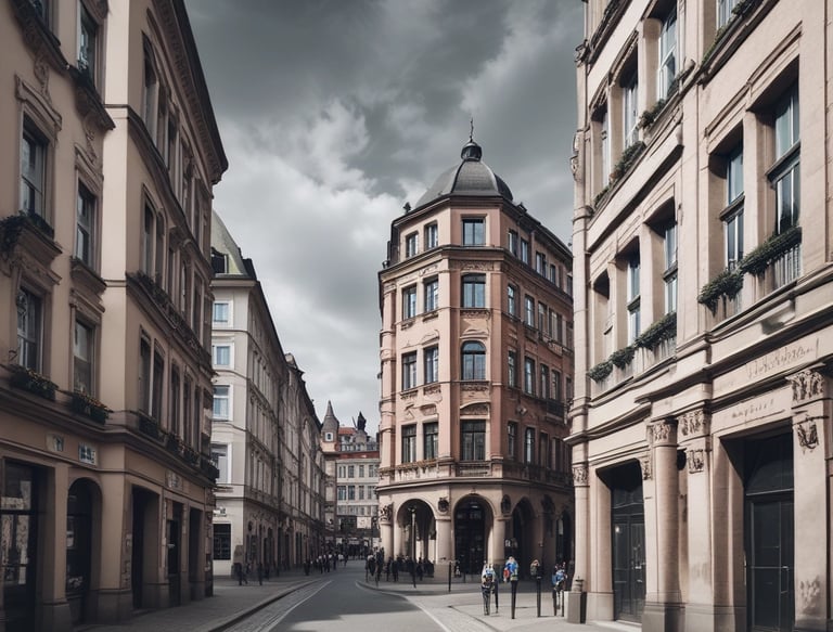 A cityscape with a real estate sign in the foreground, prominently displaying the name and phone number. Surrounding the sign are various buildings with different architectural styles, some with scaffolding and green netting. The scene features a mix of older, worn structures alongside modern glass-fronted buildings. Power lines and construction materials add to the urban complexity.