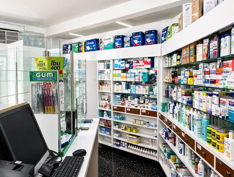 Mostrador de atención en Farmacia Carricaburu con productos farmacéuticos