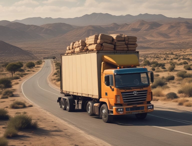 A large industrial component is being transported on a multi-axle trailer along a rural road surrounded by dense greenery. The component is covered with a bright blue tarp, indicating protection during transit. Two trucks are involved in the transport, with one leading and another following the trailer.