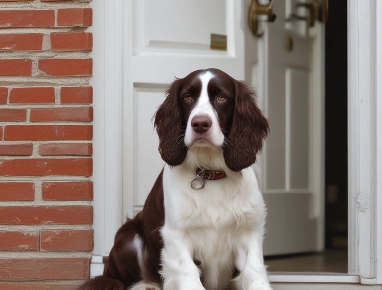 A young Labrador puppy with a light tan coat sits on a marble floor. The puppy is wearing a black collar and is attached to a leash. In the background, there are several household items including a bucket with 'FIXO paints' written on it, stacked shoes, and a metal rack holding a pink towel with white flower designs.