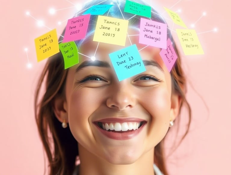 Una mujer sonríe. Tiene postit de colores escritos alrededor de su cabeza interconectados por una maya holográfica.