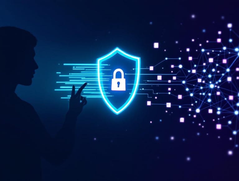 Ilustración de la privacidad en IA: un escudo protege los datos del usuario frente a un cerebro digital.