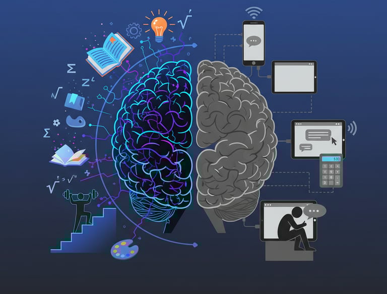 Cerebro dividido: lado activo con redes neuronales vs lado pasivo conectado a dispositivos digitales.