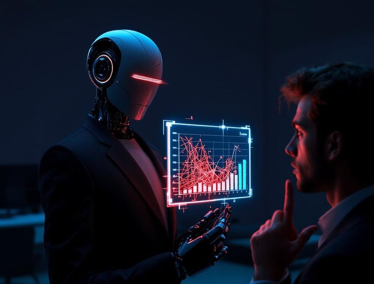 Un robot con traje presenta un plan de negocios erróneo a una persona que lo mira con escepticismo..