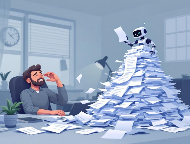 Un supervisor agotado, sepultado por papeles que un pequeño robot de IA no para de generar..