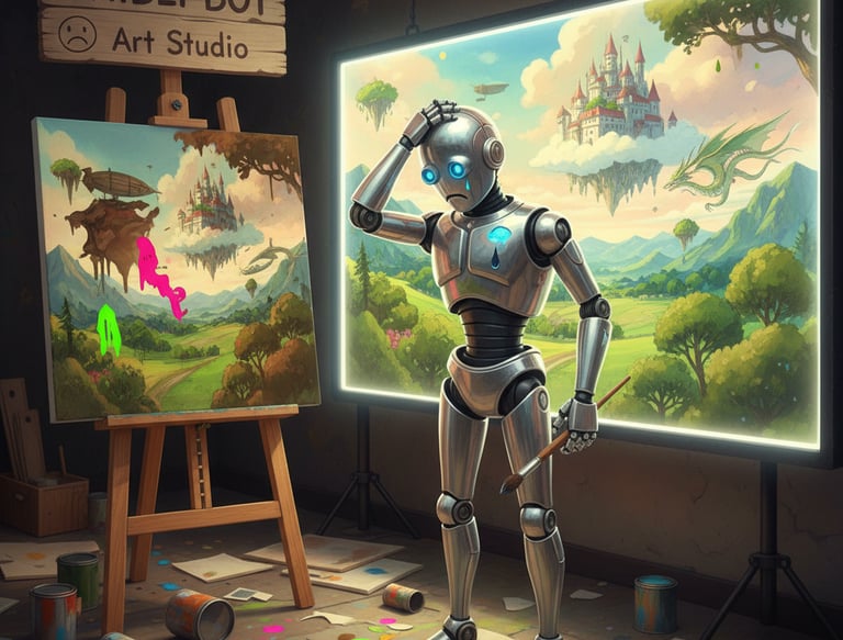 Robot humanoide pintor frustrado porque no consigue imitar una imagen que tiene de muestra.