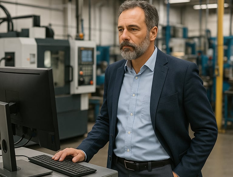 business leader looks at computer