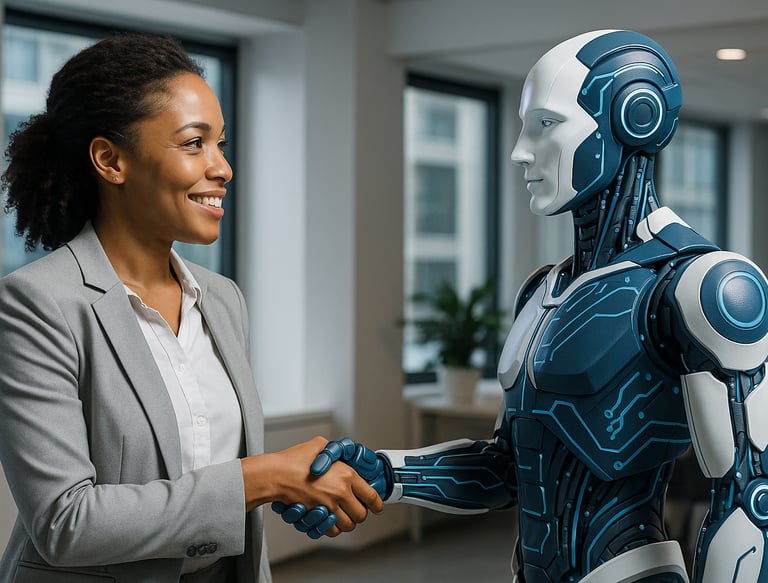 woman shaking hand of android