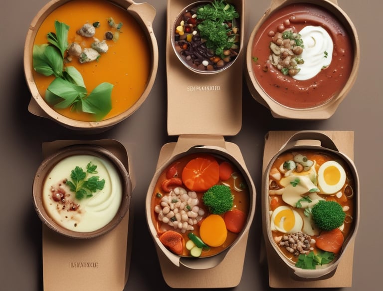 A variety of ingredients and dishes are artfully arranged on a light-colored surface. In the center, there are three containers labeled 'Just Broth' placed on a woven mat, surrounded by fresh vegetables like carrots, onions, and tomatoes. To the left, two bowls of soup with green garnishes and diced white pieces are placed. Additionally, there is a plate of sliced flatbreads and on the right, a bowl of seasoned noodles topped with roasted chicken and garnished with green onions. A cup of coffee is partially visible at the top.