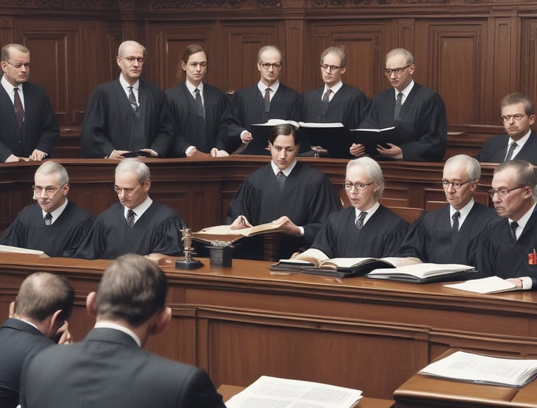 A historic courtroom setting featuring a wooden witness stand or dock with a surrounding fence and podium. The room is adorned with wood paneling on the walls and a framed portrait hanging to the right. A large window allows natural light to illuminate the space. A coat of arms hangs on one of the walls.