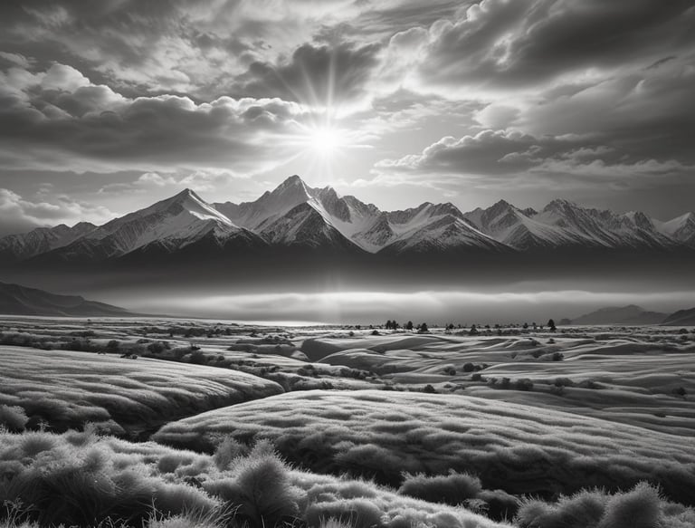 A serene man standing at dawn, looking towards a rising sun over a quiet landscape.