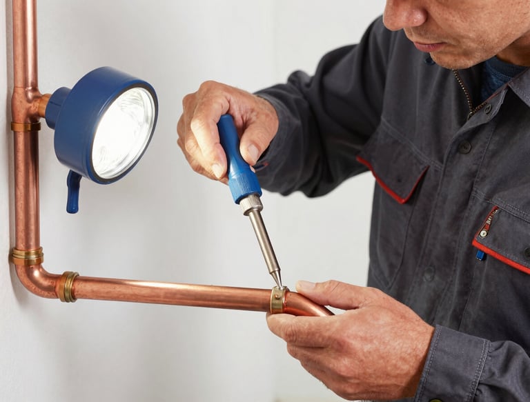 Clean commercial photography of a professional plumber in a dark uniform soldering copper pipes with a bright, focused work light, detailed copper tones, sharp focus, 35mm lens