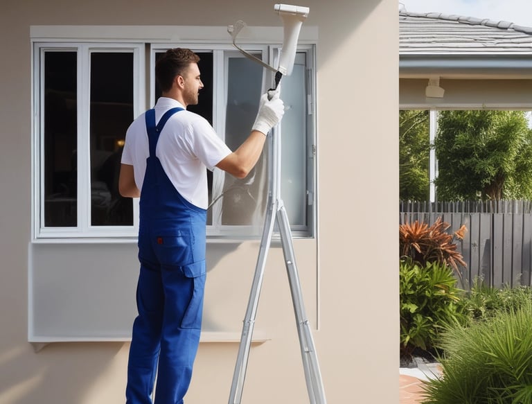 A professional painter applying a fresh coat of paint on a residential home exterior.