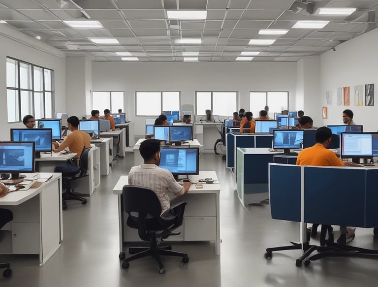 A team of professionals collaborating on web design projects in a modern office space.