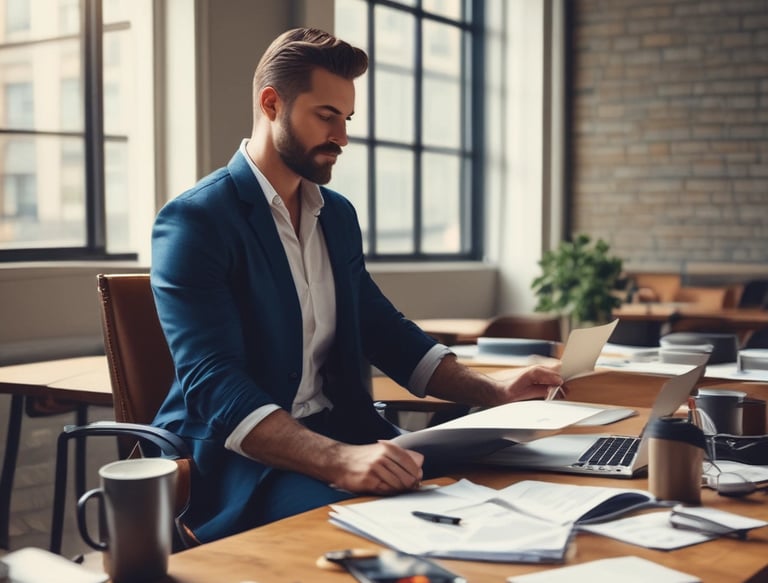 Entrepreneur in a suit working on a laptop at a table with coffee, planning his business.