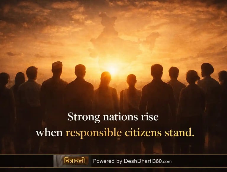 Silhouettes of diverse Indian citizens united under sunrise, symbolizing civic responsibility and peace building.