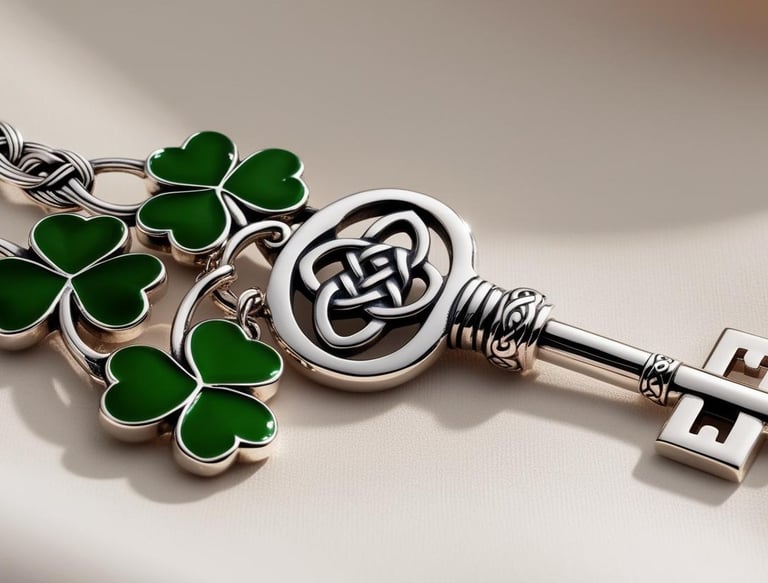 A close-up of a silver skeleton key with a Celtic design attached to a silver chain four leaf clover pendents.