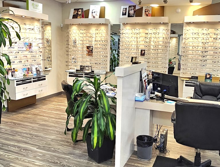 Eyewear found at bowmanville eye centre, display of optical glasses and sunglasses