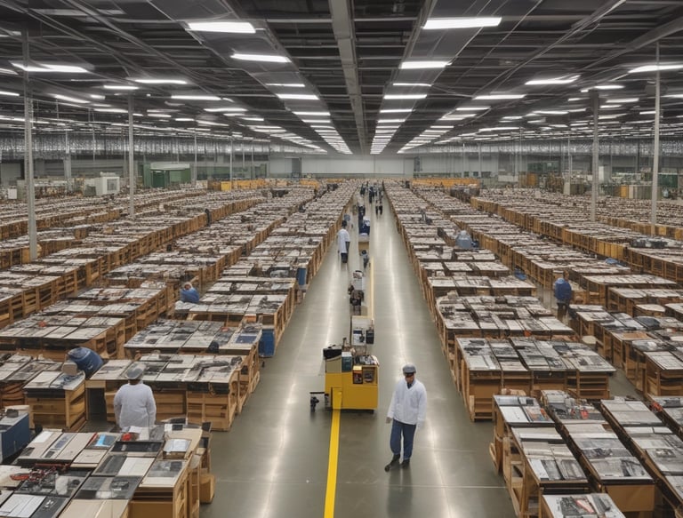 A large, organized warehouse filled with shelves stacked with boxes and electronic parts. Several workers, some wearing lab coats, are engaged in tasks like assembling items. The floor is lined with rows of fans or similar objects.