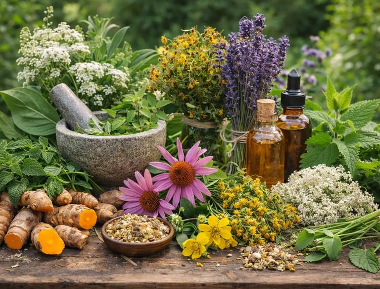Ervas medicinais frescas, frascos de óleo essencial e um pilão com almofariz de pedra usados na prep