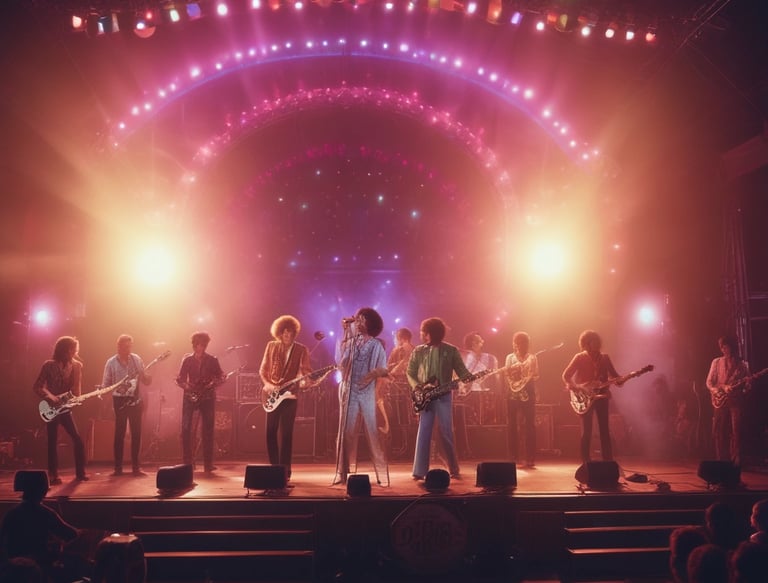 A live band is performing on a dimly lit stage with vibrant blue and orange spotlights illuminating the scene. The audience is visible in the foreground, casting silhouettes against the bright stage lights. Various instruments, including guitars and drums, are seen being played by the musicians.