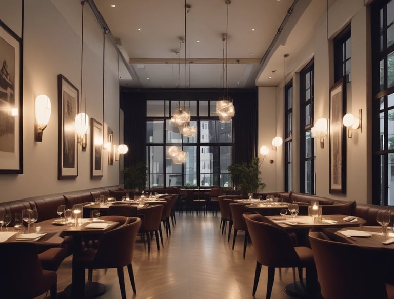 A modern, upscale restaurant with large floor-to-ceiling windows offering a cityscape view. Round tables with neatly arranged place settings and comfortable upholstered chairs fill the dining area. The ceiling features a geometric wooden panel design, creating a sophisticated atmosphere. The soft lighting enhances the elegant ambiance.