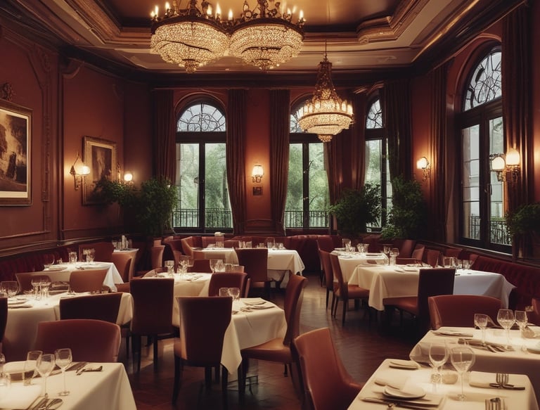 A stylish and upscale restaurant interior with neatly arranged tables covered in white cloth. The walls are adorned with decorative panels featuring intricate geometric patterns. Warm lighting from numerous small ceiling lights creates an inviting ambiance, and the wooden furniture adds an element of elegance. Subtle green plants are visible in the background.