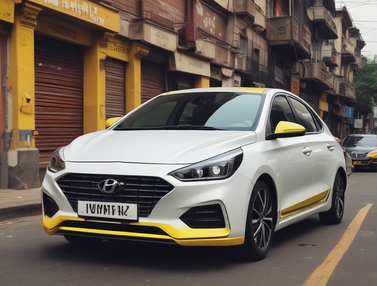 A red taxi with the branding 'Transcab' and a phone number is seen driving along a street. The vehicle is in motion, with a driver visible inside. The surroundings include a textured, gray stone building facade with some surveillance cameras mounted above.