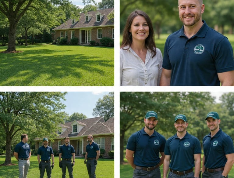Guilmer Tree Services crew finishing cleanup while homeowner admires newly shaped trees.