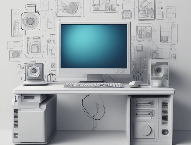 A workspace featuring a black laptop displaying a logo design, positioned on a red desk beside a black mouse and two additional monitors, one turned off and one angled towards a window with a grid pattern.