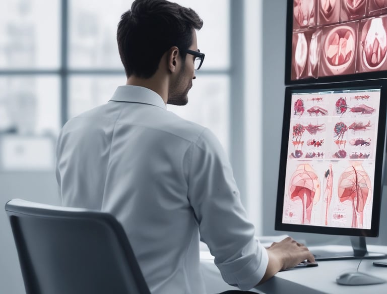A person wearing a lab coat and blue gloves is looking through a microscope in a laboratory setting. There is a computer screen displaying data next to the microscope, and various laboratory equipment is present on the table.