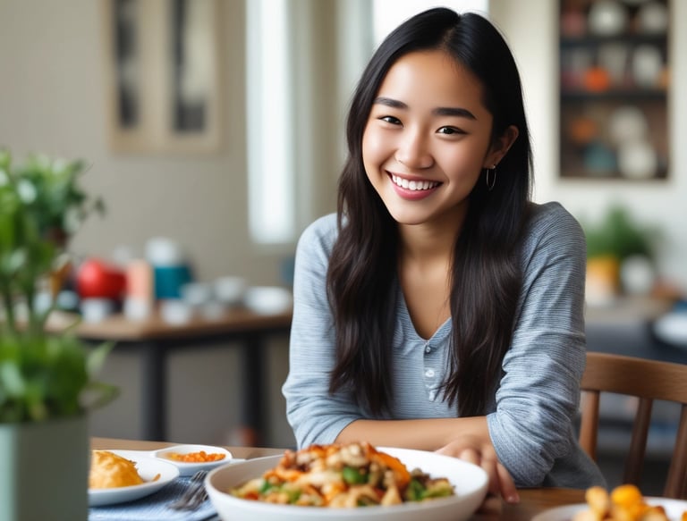 a close up shot of a chinese teen girl sitting at a table with a bowl of food modern home background