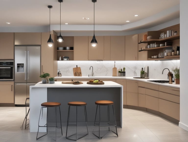 A modern kitchen design in black and white.