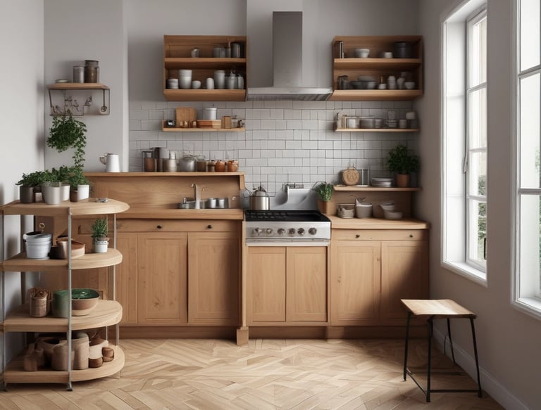 A craftsman carefully installing wooden shelves in a cozy home setting.