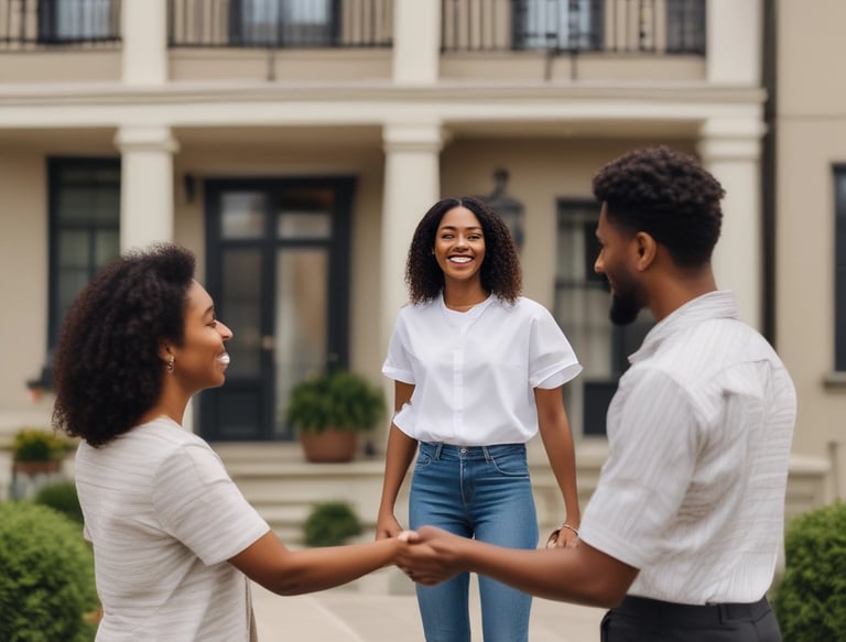 A friendly real estate black woman shaking hands with a happy client in front of a beautiful home.