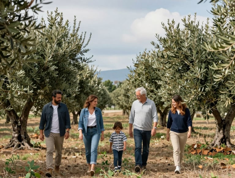 Elegant outdoor terrace at sunset with olive green accents and stone walls.