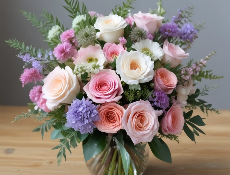Soft morning light falling on a rustic wooden table with a vase of mixed seasonal flowers.