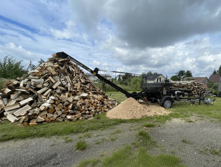 Malkų pjovimas ir skaldymas jūsų kieme su profesionalia Pilkemaster technika Vidurio Lietuvoje.