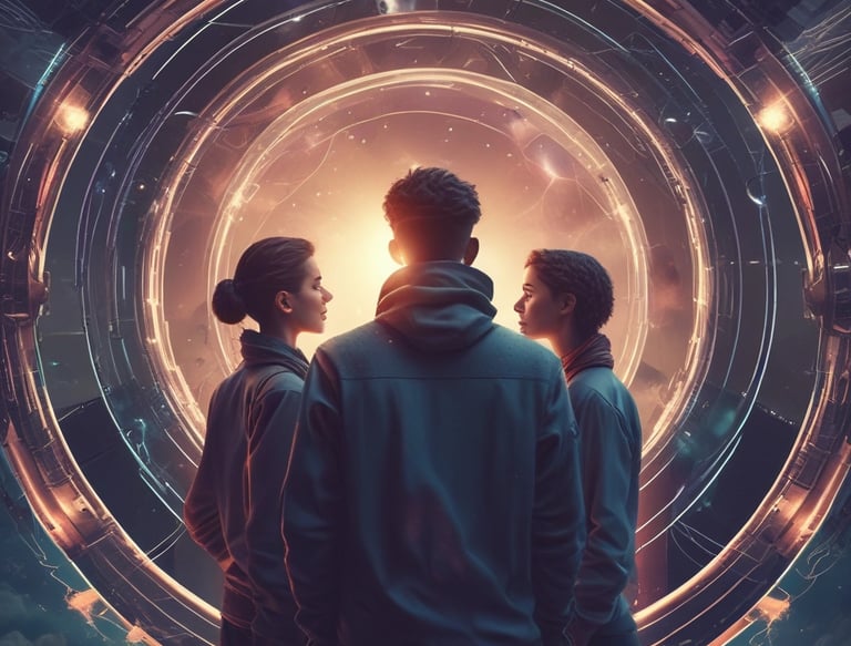 four person hands wrap around shoulders while looking at sunset