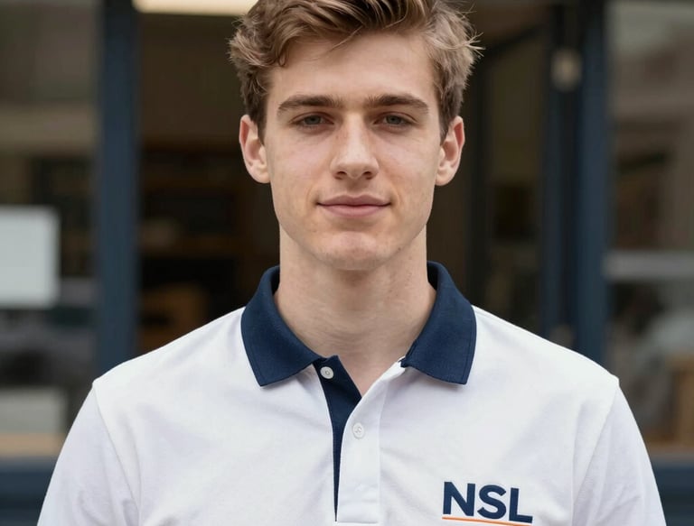 A happy homeowner standing next to a newly installed wooden door.