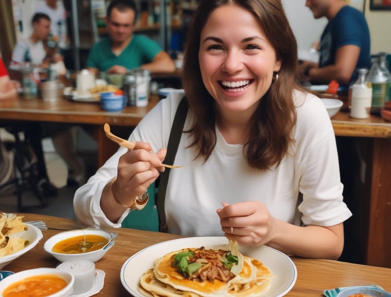 Happy customer smiling while holding a warm pupusa wrapped in paper at the restaurant counter.