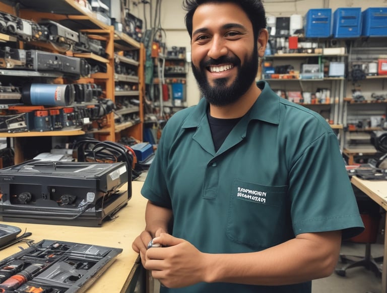 Happy customer holding a diagnostic tool in a bright, modern auto workshop.