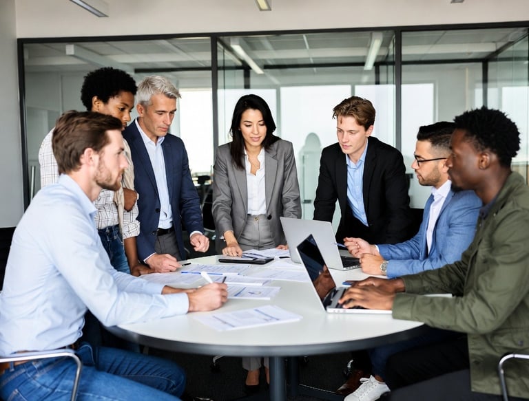 Diverse corporate team collaborating on business strategy around a conference table in a modern office.