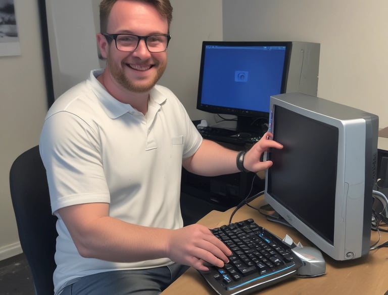 Happy customer giving a thumbs-up next to their repaired laptop.