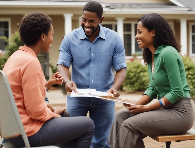 A warm community gathering outside newly built homes, smiling families sharing stories.