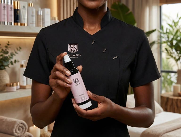 Esthetician in a spa holding a pink bottle of Balance facial serum for a professional skincare treatment.