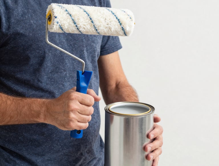 A painter carefully applying bright blue paint on a modern interior wall.