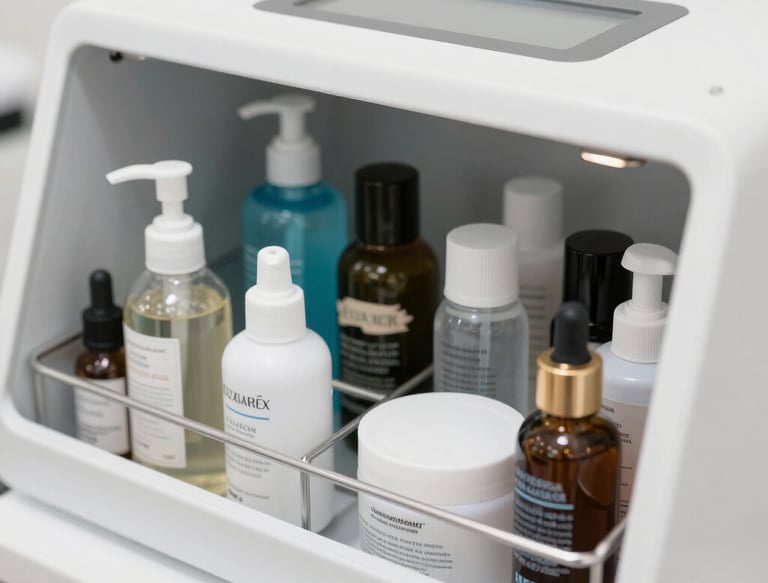 Close-up of a stability testing chamber with various cosmetic products inside.