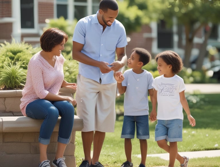 A warm gathering of diverse community members sharing smiles and support in a sunlit temple hall.