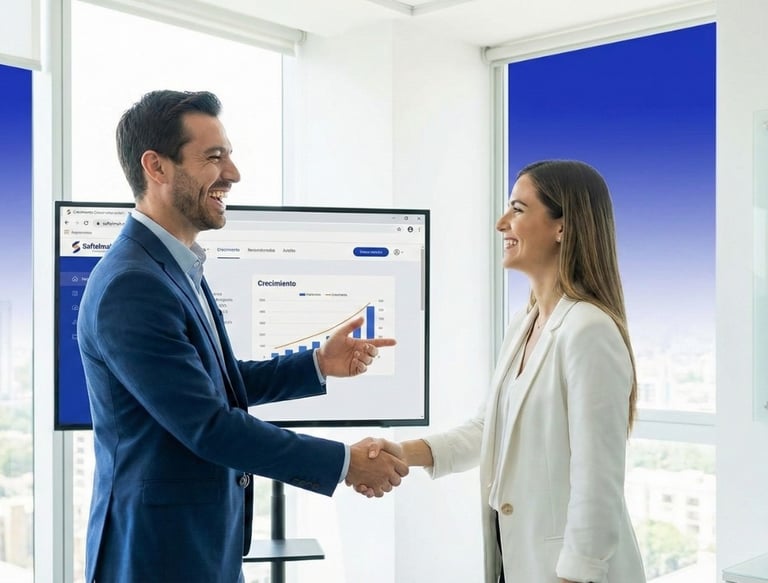 a man and woman shaking hands in front of a large screen